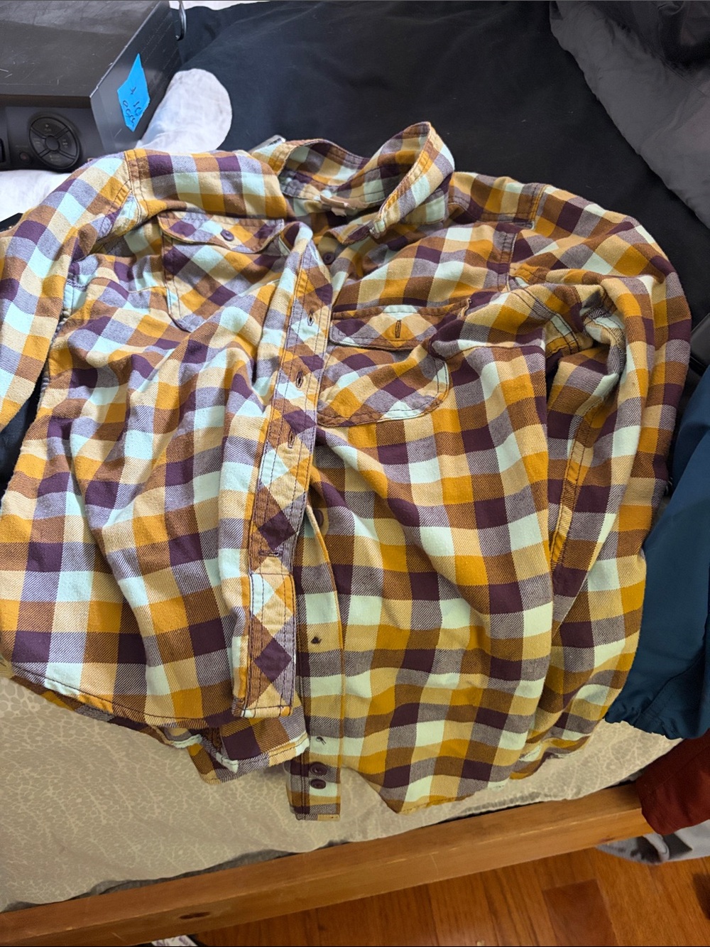Duluth Trading Co Plaid Button-Down Shirt in Yellow, Brown and Cream